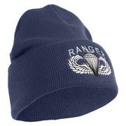 U.S. Army Paratrooper and Ranger Badge Logo Embroidered 12 Inch Solid Knit Cuff Long Beanie Made in USA - Navy OSFM
