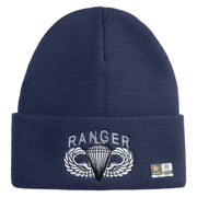 U.S. Army Paratrooper and Ranger Badge Logo Embroidered 12 Inch Solid Knit Cuff Long Beanie Made in USA - Navy OSFM