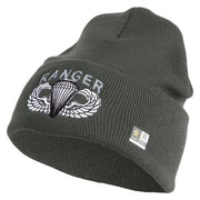 U.S. Army Paratrooper and Ranger Badge Logo Embroidered 12 Inch Solid Knit Cuff Long Beanie Made in USA - Charcoal OSFM