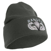 U.S. Army Paratrooper and Ranger Badge Logo Embroidered 12 Inch Solid Knit Cuff Long Beanie Made in USA - Charcoal OSFM
