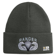 U.S. Army Paratrooper and Ranger Badge Logo Embroidered 12 Inch Solid Knit Cuff Long Beanie Made in USA - Charcoal OSFM