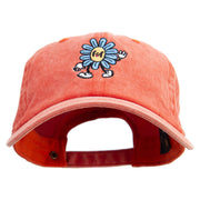 Happy Flower Character Embroidered Unstructured Pigment Dyed Cotton Cap - Orange OSFM