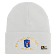 U.S. Army 196th Infantry Brigade Logo Embroidered 12 Inch Solid Knit Cuff Long Beanie Made in USA - White OSFM