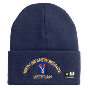 U.S. Army 196th Infantry Brigade Logo Embroidered 12 Inch Solid Knit Cuff Long Beanie Made in USA - Navy OSFM