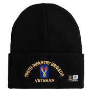 U.S. Army 196th Infantry Brigade Logo Embroidered 12 Inch Solid Knit Cuff Long Beanie Made in USA - Black OSFM