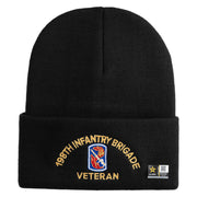 U.S. Army 198th Infantry Brigade Logo Embroidered 12 Inch Solid Knit Cuff Long Beanie Made in USA - Black OSFM
