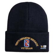 U.S. Army 198th Infantry Brigade Logo Embroidered 12 Inch Solid Knit Cuff Long Beanie Made in USA - Navy OSFM