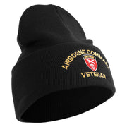 U.S. Army Airborne Command Logo Embroidered 12 Inch Solid Knit Cuff Long Beanie Made in USA - Black OSFM