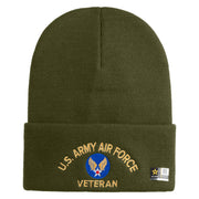 U.S. Army Air Force Logo Embroidered 12 Inch Solid Knit Cuff Long Beanie Made in USA - Olive OSFM