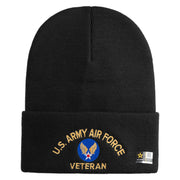 U.S. Army Air Force Logo Embroidered 12 Inch Solid Knit Cuff Long Beanie Made in USA - Black OSFM