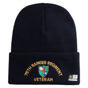 U.S. Army 75 Ranger Regiment Logo Embroidered 12 Inch Solid Knit Cuff Long Beanie Made in USA - Navy OSFM