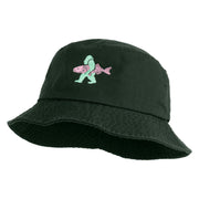 Bigfoot Carrying Fish Design Embroidered Unisex Multipurpose Crushable Cotton Twill Bucket Hat - Dark Green M