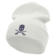 Skull And Sword Embroidered 12 Inch Long Knitted Beanie