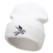 Flying Horse Embroidered 12 Inch Long Knitted Beanie - White OSFM