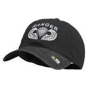 U.S. Army Paratrooper and Ranger Badge Embroidered Washed Solid Pigment Dyed Cotton Twill Brass Buckle Cap - Black OSFM
