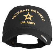 Star US Army Veteran Retired Embroidered Washed Solid Pigment Dyed Cotton Twill Brass Buckle Cap - Black OSFM