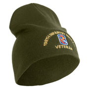 U.S. Army 198th Infantry Brigade Symbol Embroidered 8 Inch Solid Knit Short Beanie Made in USA - Olive OSFM