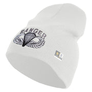U.S. Army Paratrooper and Ranger Badge Symbol Embroidered 8 Inch Solid Knit Short Beanie Made in USA - White OSFM