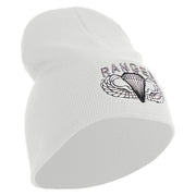 U.S. Army Paratrooper and Ranger Badge Symbol Embroidered 8 Inch Solid Knit Short Beanie Made in USA - White OSFM