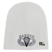 U.S. Army Paratrooper and Ranger Badge Symbol Embroidered 8 Inch Solid Knit Short Beanie Made in USA - White OSFM