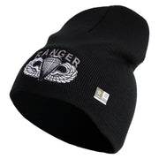 U.S. Army Paratrooper and Ranger Badge Symbol Embroidered 8 Inch Solid Knit Short Beanie Made in USA - Black OSFM