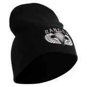 U.S. Army Paratrooper and Ranger Badge Symbol Embroidered 8 Inch Solid Knit Short Beanie Made in USA - Black OSFM
