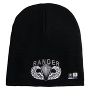 U.S. Army Paratrooper and Ranger Badge Symbol Embroidered 8 Inch Solid Knit Short Beanie Made in USA - Black OSFM