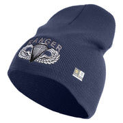 U.S. Army Paratrooper and Ranger Badge Symbol Embroidered 8 Inch Solid Knit Short Beanie Made in USA - Navy OSFM