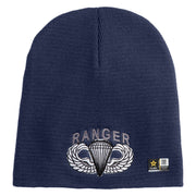 U.S. Army Paratrooper and Ranger Badge Symbol Embroidered 8 Inch Solid Knit Short Beanie Made in USA - Navy OSFM
