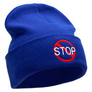 Stop Embroidered 12 Inch Long Knitted Beanie