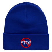 Stop Embroidered 12 Inch Long Knitted Beanie