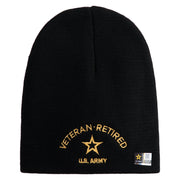 Star US Army Veteran Retired Symbol Embroidered 8 Inch Solid Knit Short Beanie Made in USA - Black OSFM
