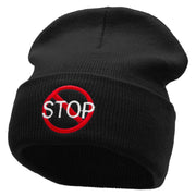 Stop Embroidered 12 Inch Long Knitted Beanie