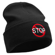 Stop Embroidered 12 Inch Long Knitted Beanie