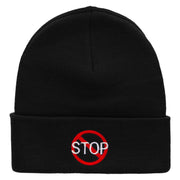 Stop Embroidered 12 Inch Long Knitted Beanie