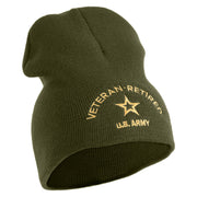 Star US Army Veteran Retired Symbol Embroidered 8 Inch Solid Knit Short Beanie Made in USA - Olive OSFM