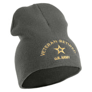 Star US Army Veteran Retired Symbol Embroidered 8 Inch Solid Knit Short Beanie Made in USA - Charcoal OSFM