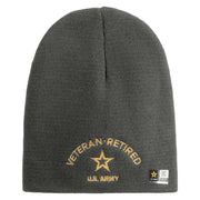 Star US Army Veteran Retired Symbol Embroidered 8 Inch Solid Knit Short Beanie Made in USA - Charcoal OSFM
