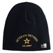Star US Army Veteran Retired Symbol Embroidered 8 Inch Knitted Short Beanie - Black OSFM