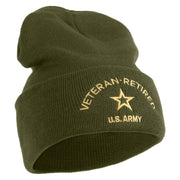Star US Army Veteran Retired Logo Embroidered 12 Inch Solid Knit Cuff Long Beanie Made in USA - Olive OSFM