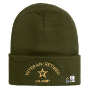 Star US Army Veteran Retired Logo Embroidered 12 Inch Solid Knit Cuff Long Beanie Made in USA - Olive OSFM