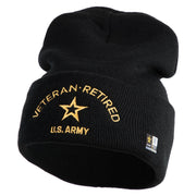Star US Army Veteran Retired Logo Embroidered 12 Inch Solid Knit Cuff Long Beanie Made in USA - Black OSFM