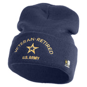 Star US Army Veteran Retired Logo Embroidered 12 Inch Solid Knit Cuff Long Beanie Made in USA - Navy OSFM