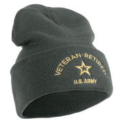 Star US Army Veteran Retired Logo Embroidered 12 Inch Solid Knit Cuff Long Beanie Made in USA - Graphite OSFM