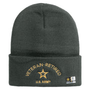 Star US Army Veteran Retired Logo Embroidered 12 Inch Solid Knit Cuff Long Beanie Made in USA - Graphite OSFM