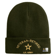 Star US Army Veteran Retired Logo Embroidered 12 Inch Long Knitted Beanie - Olive OSFM