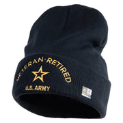 Star US Army Veteran Retired Logo Embroidered 12 Inch Long Knitted Beanie - Black OSFM
