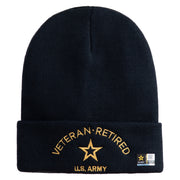 Star US Army Veteran Retired Logo Embroidered 12 Inch Long Knitted Beanie - Black OSFM
