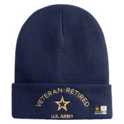 Star US Army Veteran Retired Logo Embroidered 12 Inch Long Knitted Beanie - Navy OSFM
