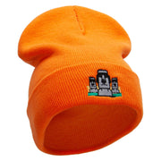 Moai Landmark Embroidered 12 Inch Long Knitted Beanie - Orange OSFM